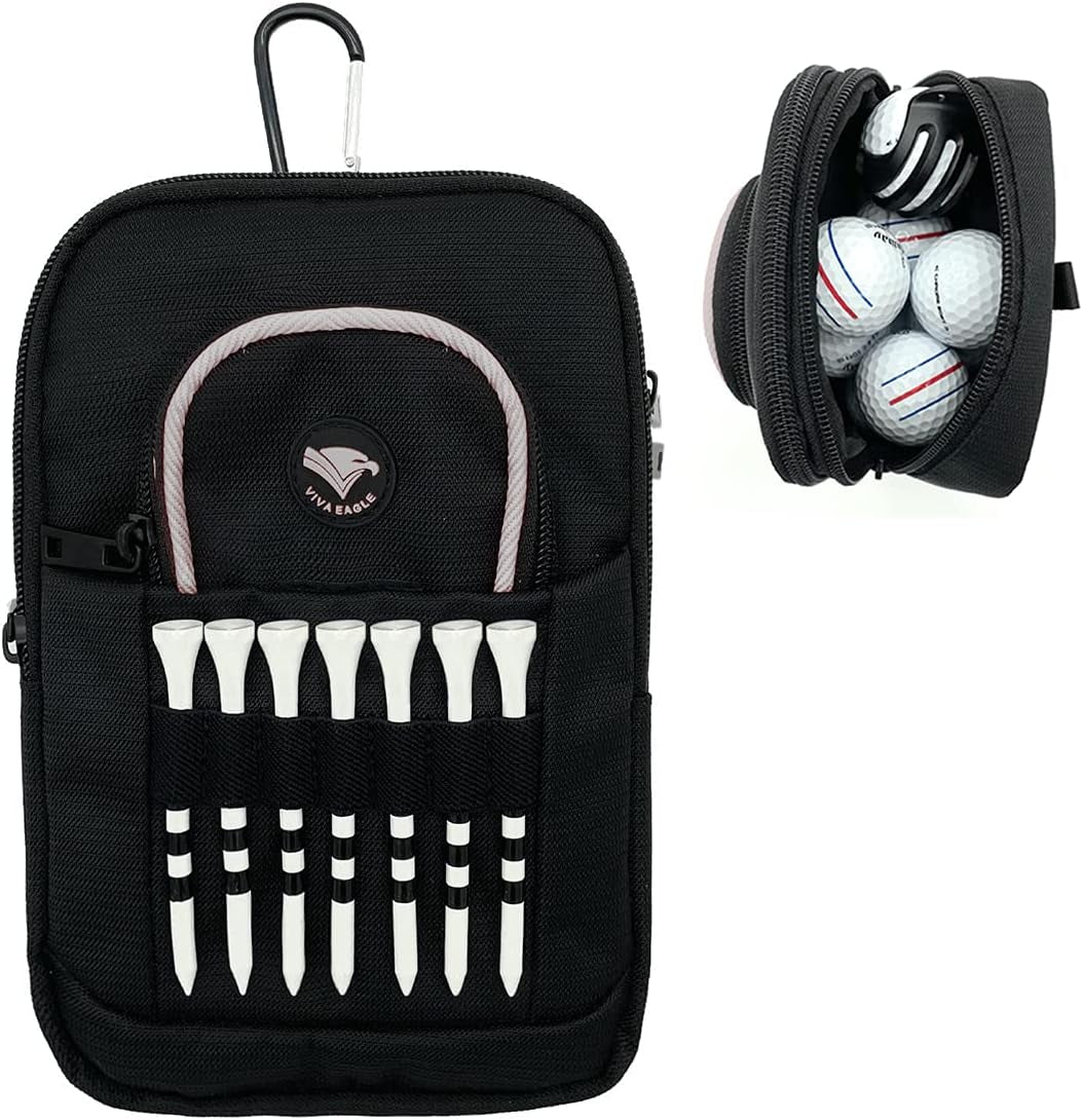 Golf Bag Pouch for Balls and Accessories | 3 Zipper Pockets | Detachable Clip | Store up to 15 Balls | Front Tee Holder and 10 Bamboo Tees 3 1/4 In