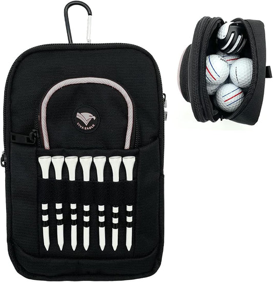 Golf Bag Pouch for Balls and Accessories | 3 Zipper Pockets | Detachable Clip | Store up to 15 Balls | Front Tee Holder and 10 Bamboo Tees 3 1/4 In