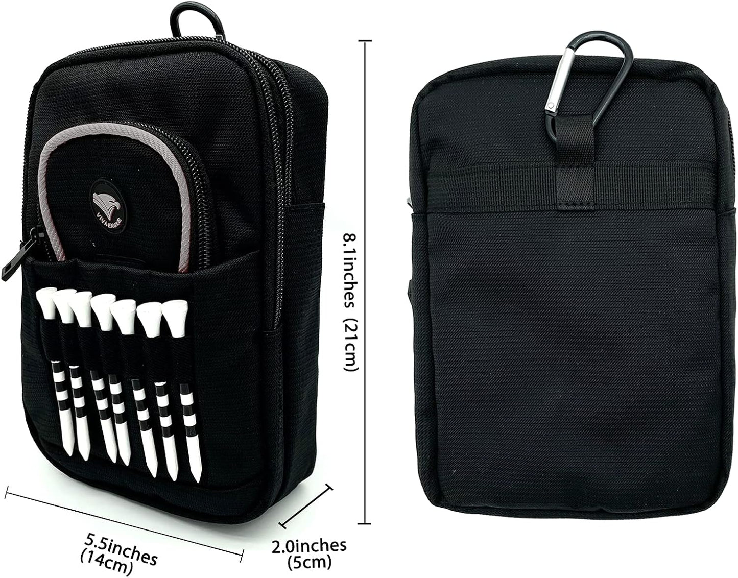 Golf Bag Pouch for Balls and Accessories | 3 Zipper Pockets | Detachable Clip | Store up to 15 Balls | Front Tee Holder and 10 Bamboo Tees 3 1/4 In