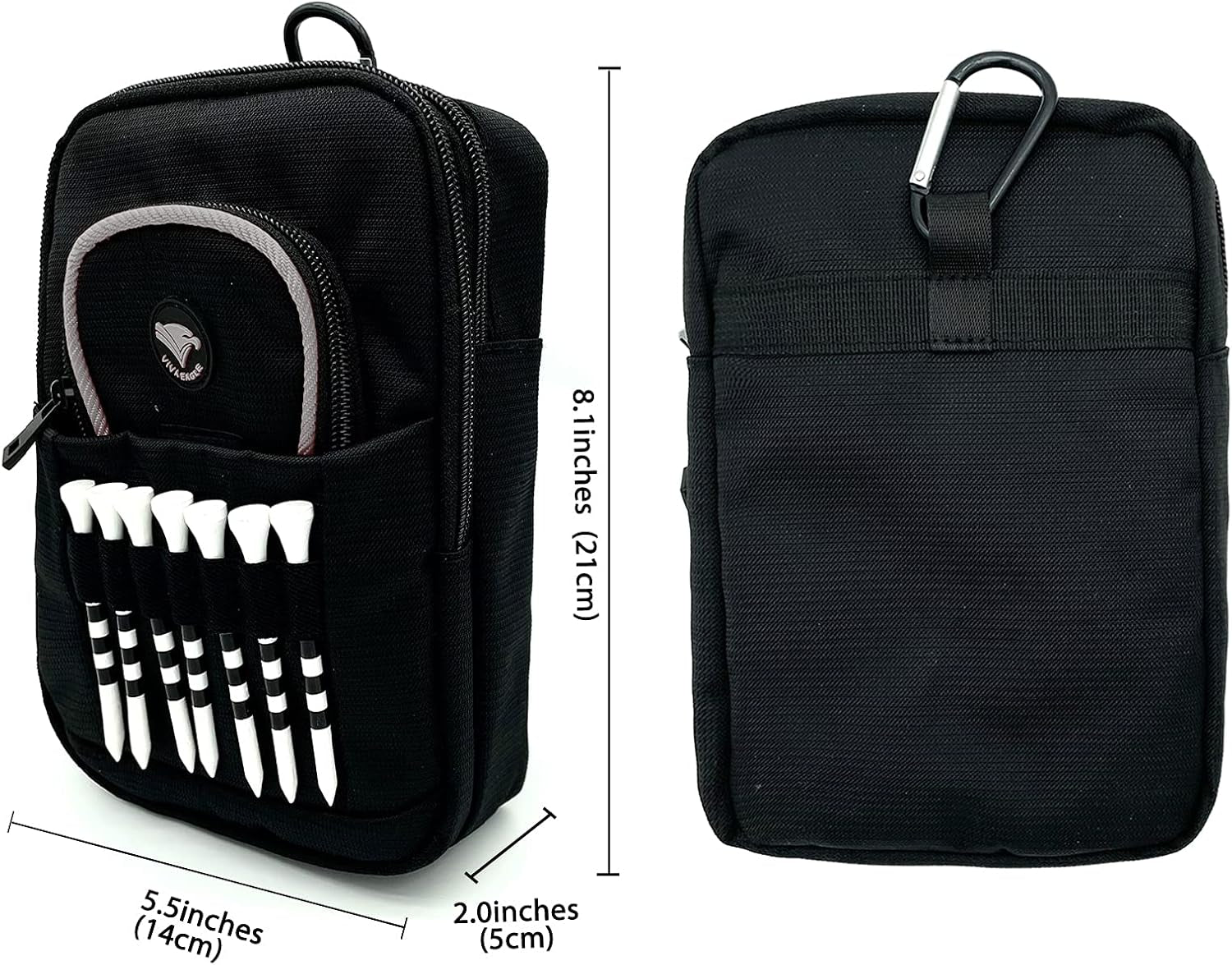Golf Bag Pouch for Balls and Accessories | 3 Zipper Pockets | Detachable Clip | Store up to 15 Balls | Front Tee Holder and 10 Bamboo Tees 3 1/4 In