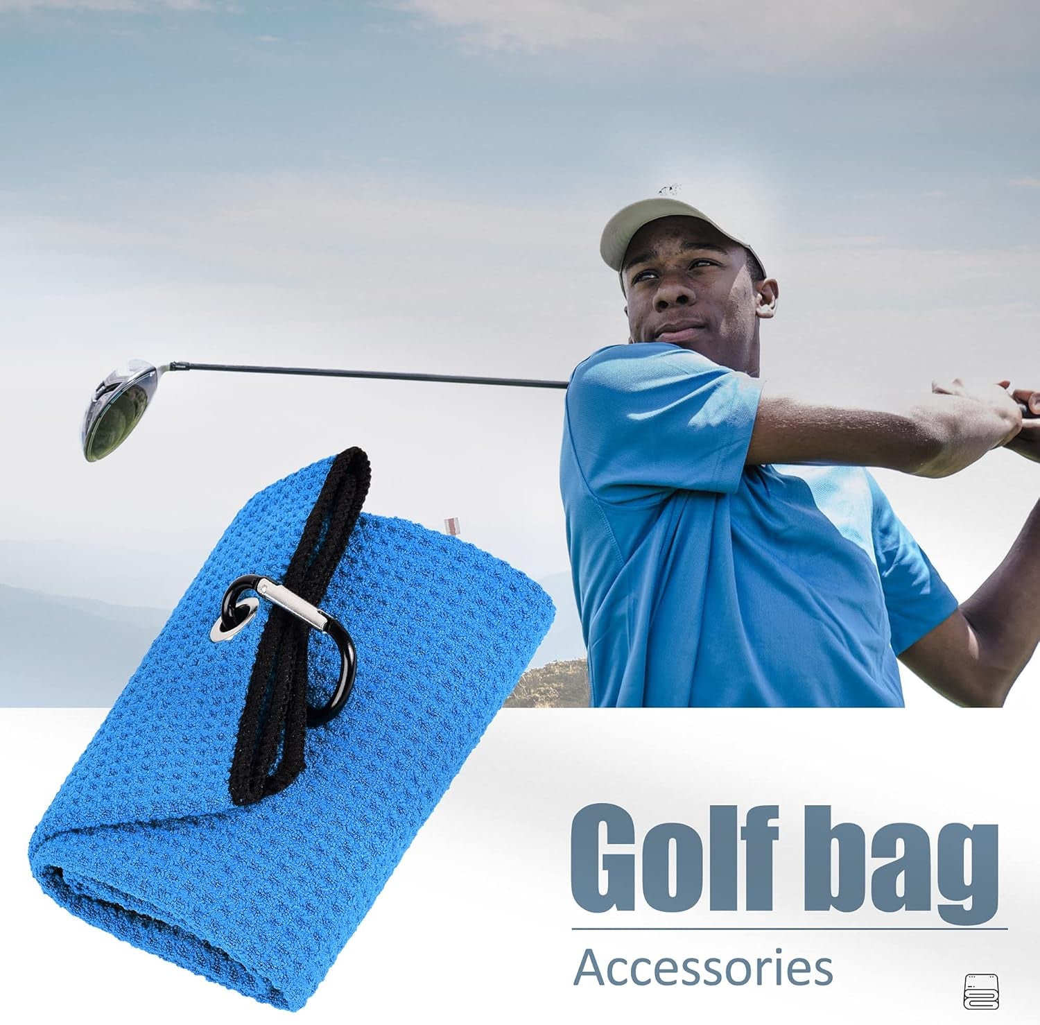 Microfiber Golf Towel, 16" X 24", Waffle Pattern Design with Carabiner Clip, Super Absorbent, Tri-Fold Large Golf Ball Towels, Golf Bag Accessories for Men and Women, Golf Gift（Blue）
