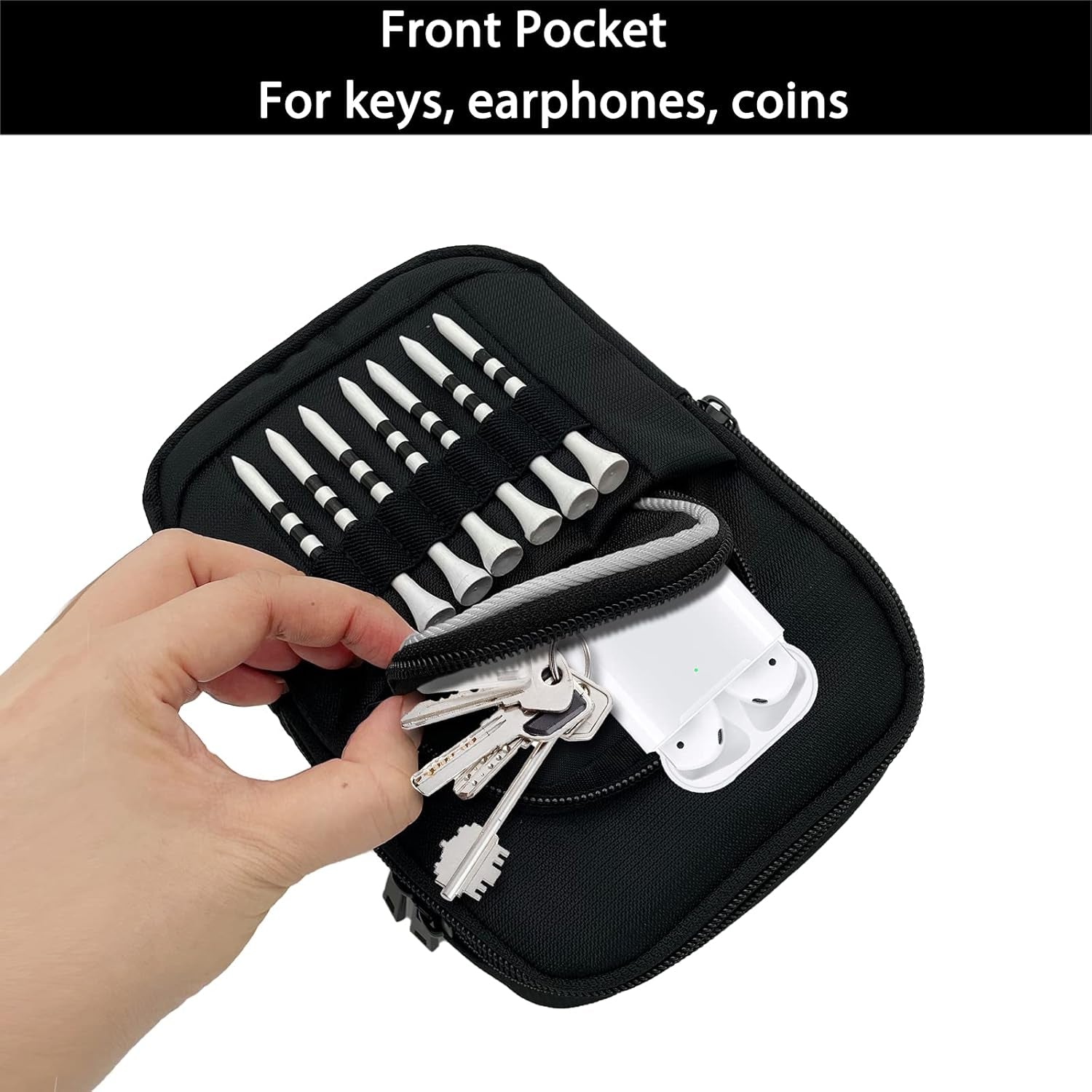 Golf Bag Pouch for Balls and Accessories | 3 Zipper Pockets | Detachable Clip | Store up to 15 Balls | Front Tee Holder and 10 Bamboo Tees 3 1/4 In