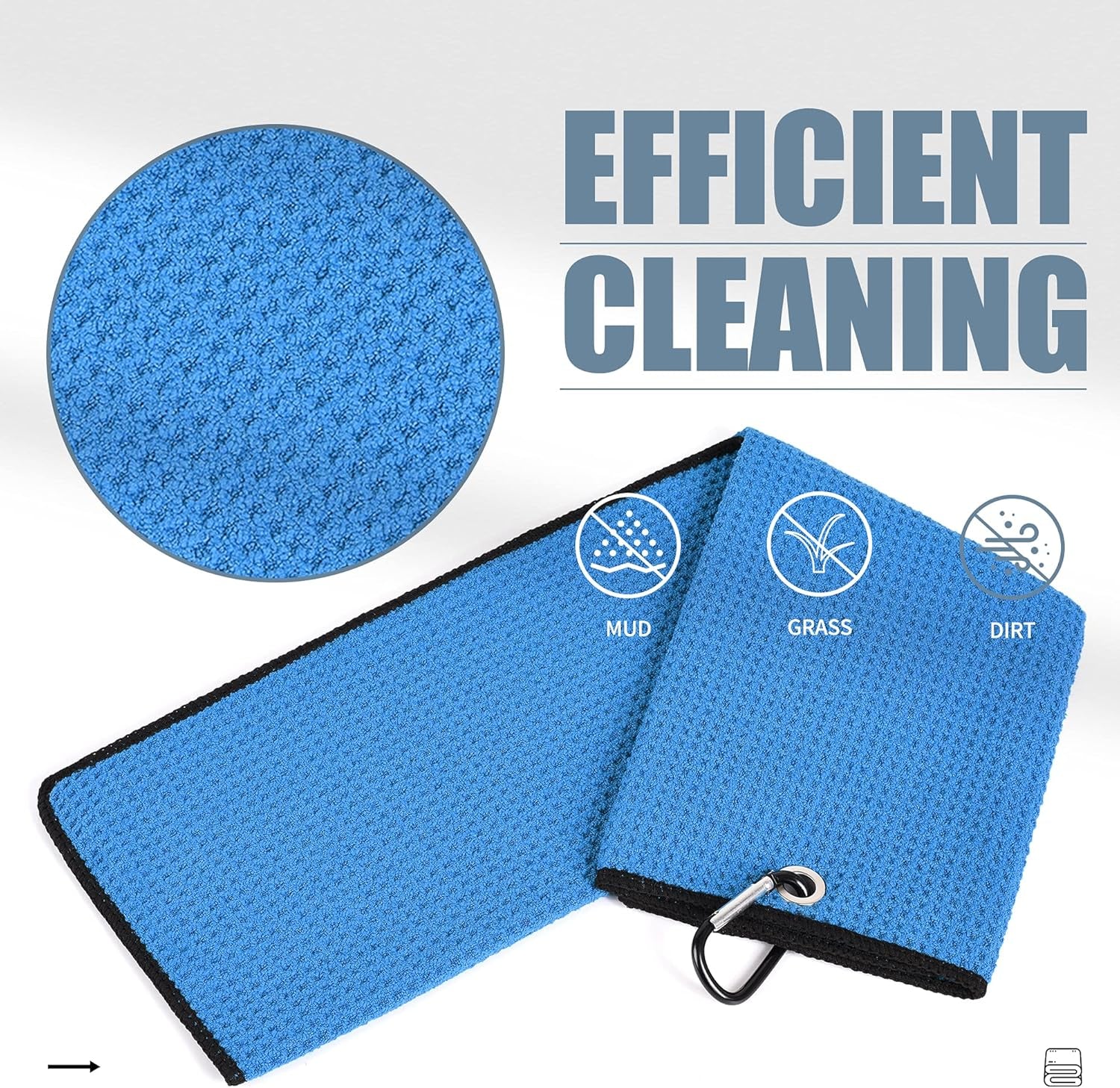 Microfiber Golf Towel, 16" X 24", Waffle Pattern Design with Carabiner Clip, Super Absorbent, Tri-Fold Large Golf Ball Towels, Golf Bag Accessories for Men and Women, Golf Gift（Blue）