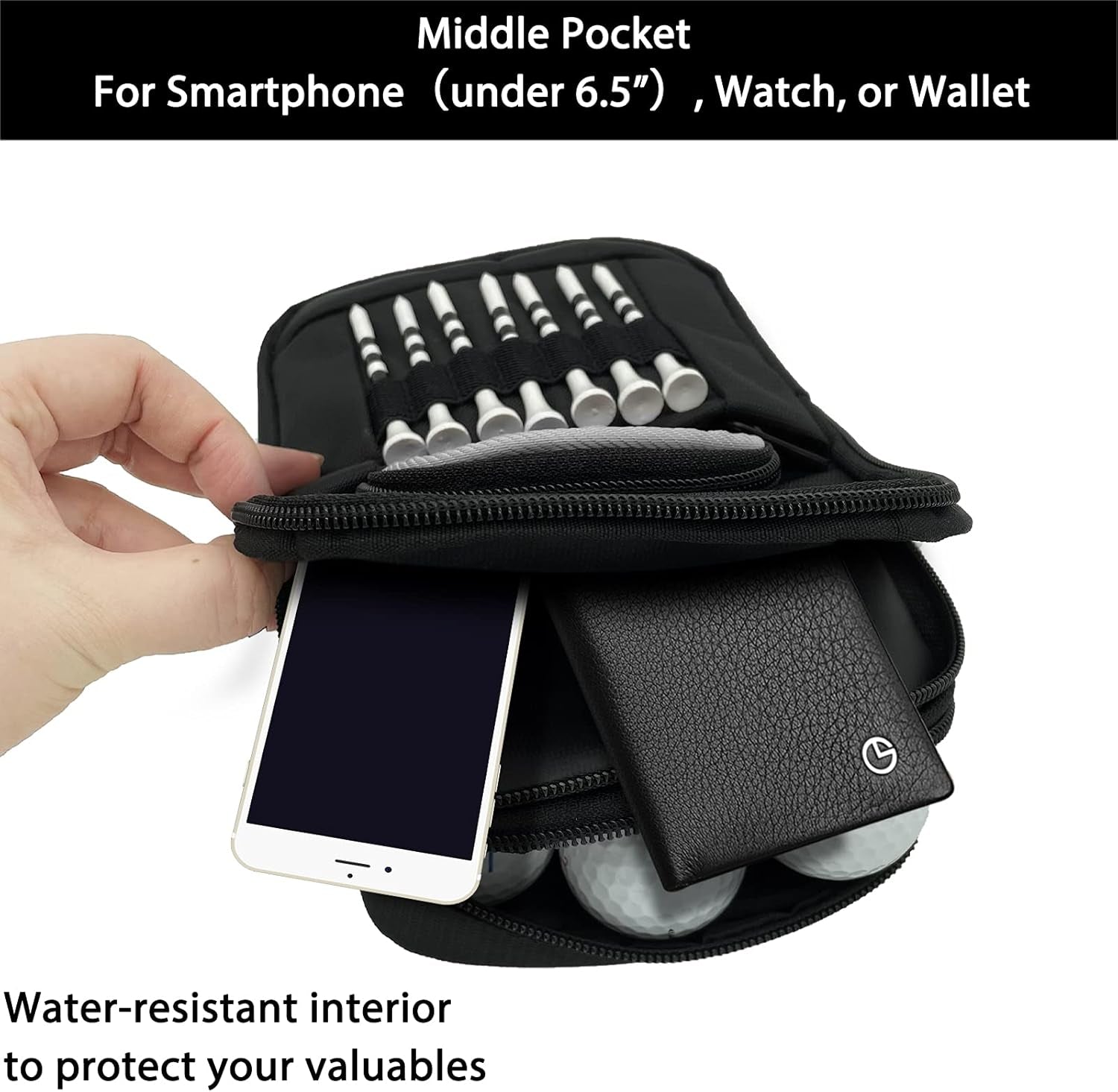 Golf Bag Pouch for Balls and Accessories | 3 Zipper Pockets | Detachable Clip | Store up to 15 Balls | Front Tee Holder and 10 Bamboo Tees 3 1/4 In